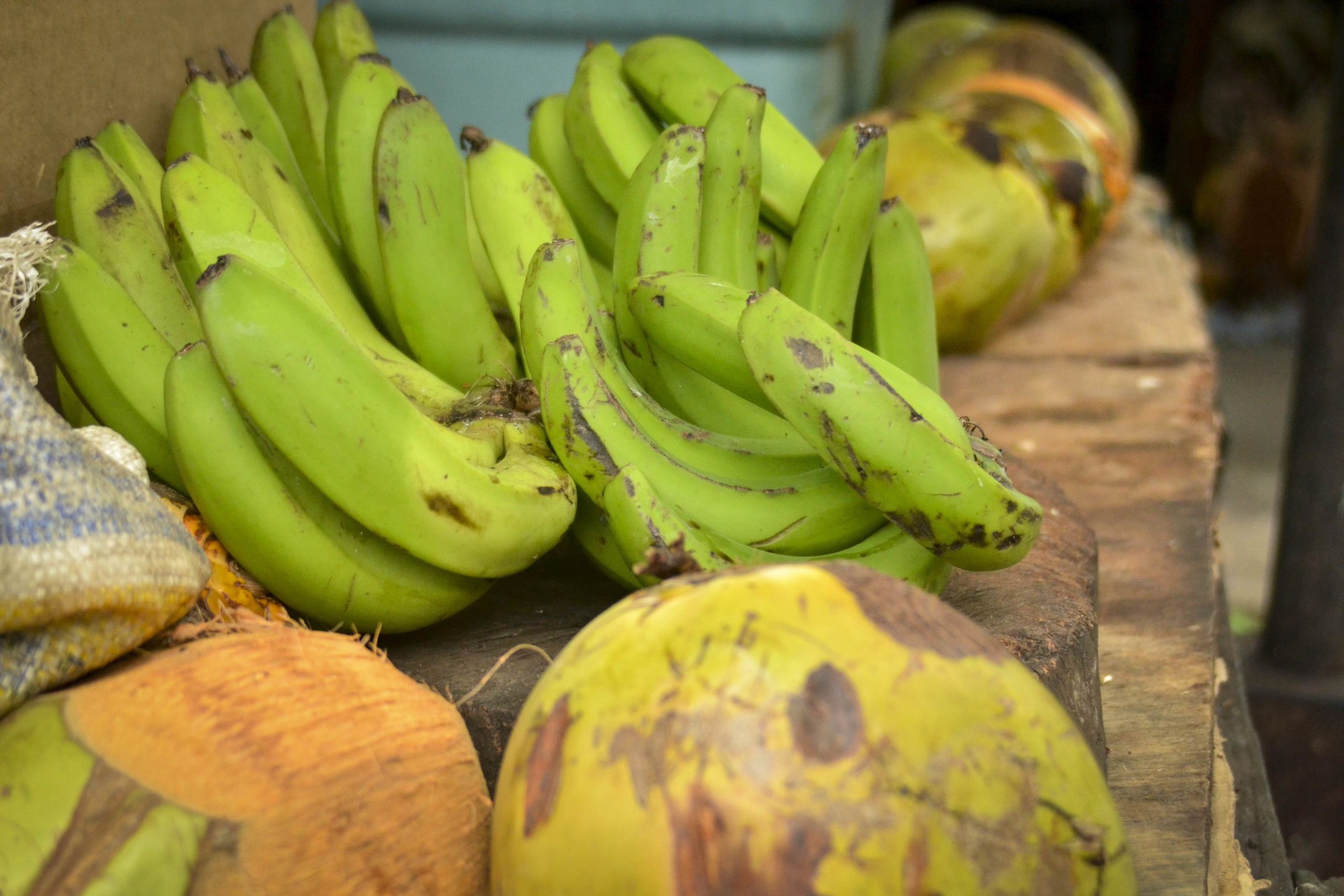 Étalage coloré proposant des régimes de bananes et des noix de coco.