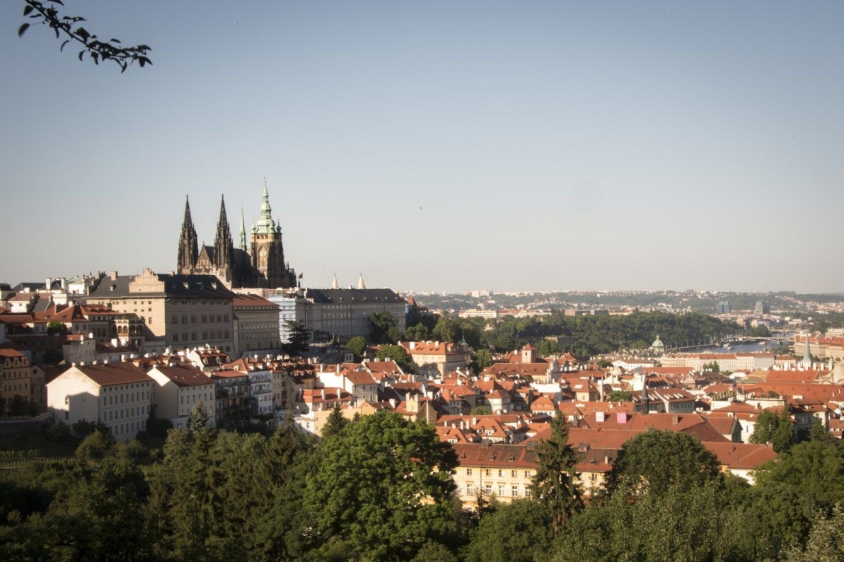 A scenic view overlooking Prague from Petrin Park