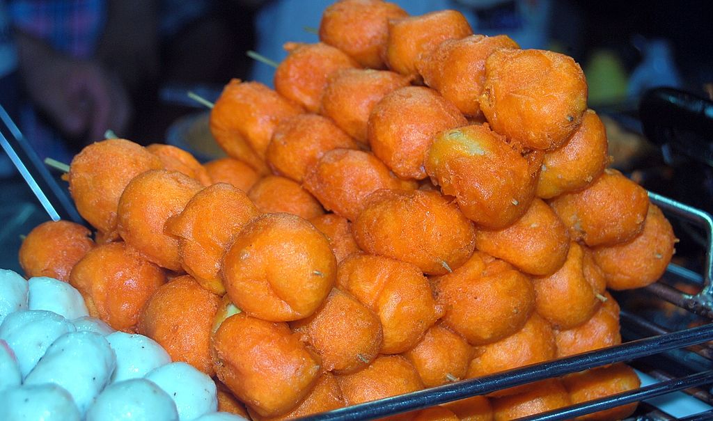 Deep fried Kwek Kwek or Tokneneng Filipino street food