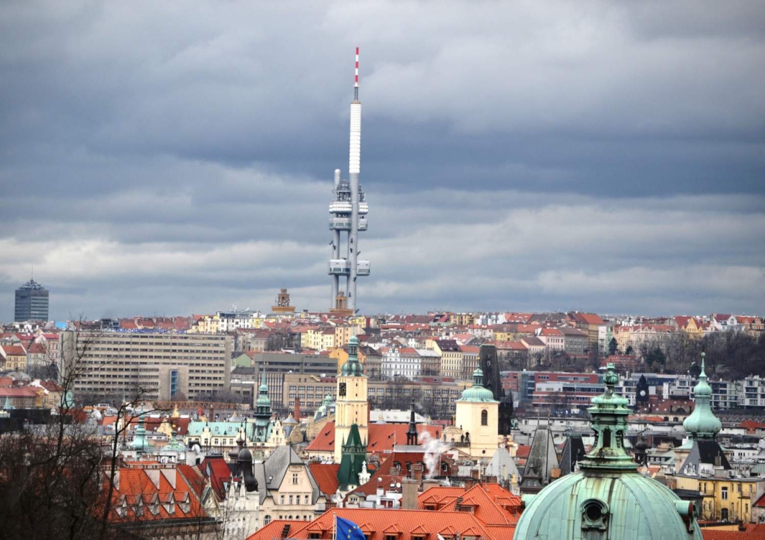 The tall structure of the Zizkov TV Tower in Prague