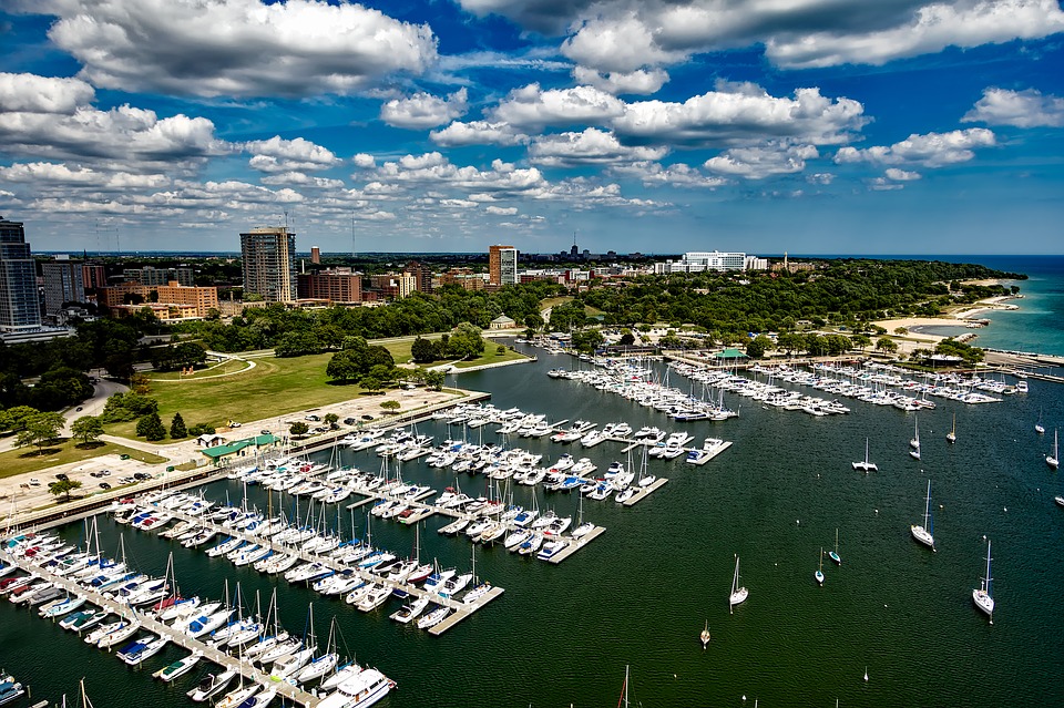 The city marina against a cloudy sky in Milwaukee