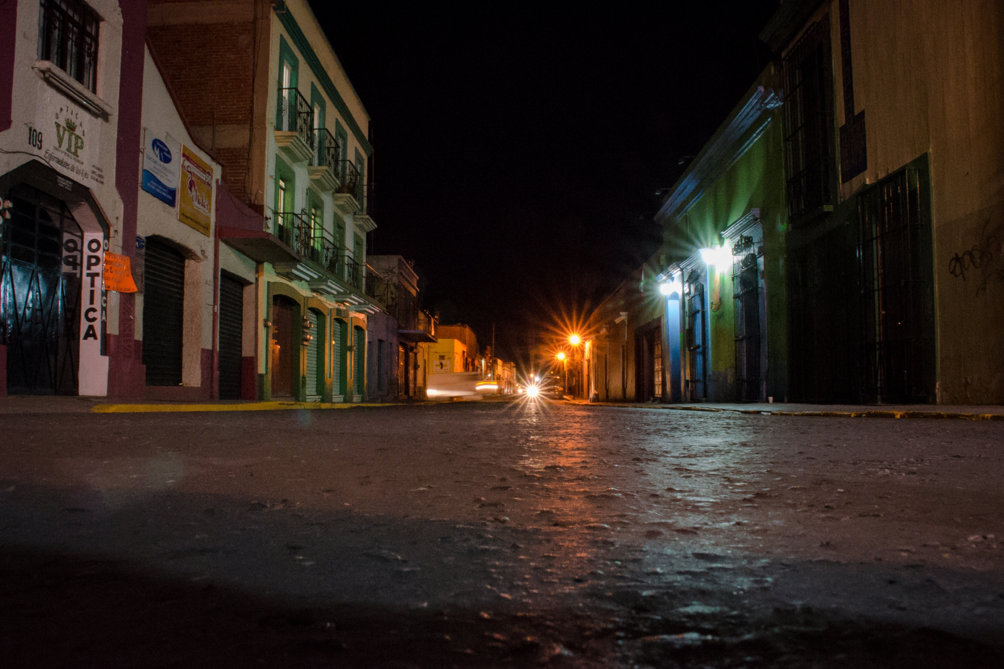 Street view of Oaxaca City at night