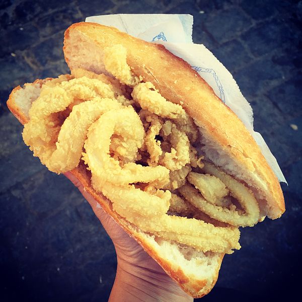 Andrew Zimmern Bizarre Foods Delicious Destinations Madrid - Bocadillo de Calamares - photo by Joy under CC-BY-2.0