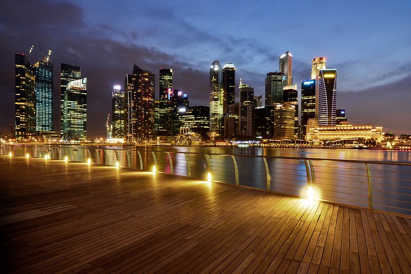 Singapore CBD at dusk, viewed from the Marina Bay Waterfront Promenade - photo by Nicolas Lannuzel under CC BY-SA 2.0