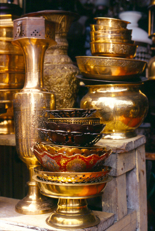 Polished brassware on display at one of the kiosks at Jalan Surabaya Flea Market - photo by Danumurthi Mahendra under CC BY 2.0