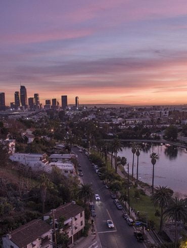Echo Park Lake with Downtown Los Angeles Skyline - photo by Adoramassey under CC BY-SA 4.0