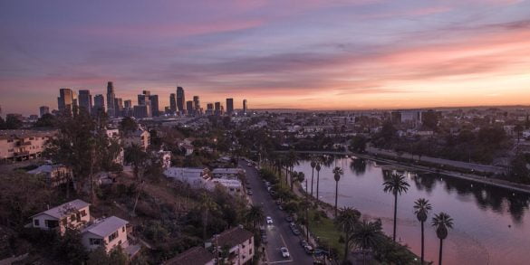 Echo Park Lake with Downtown Los Angeles Skyline - photo by Adoramassey under CC BY-SA 4.0