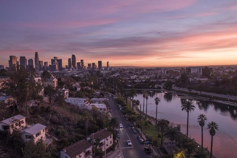 Echo Park Lake with Downtown Los Angeles Skyline - photo by Adoramassey under CC BY-SA 4.0