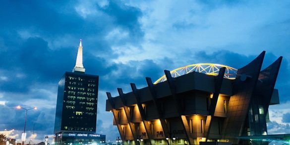 Civic Centre at night, Lagos, Nigeria - photo by Ade Marquis under CC-BY-SA-4.0